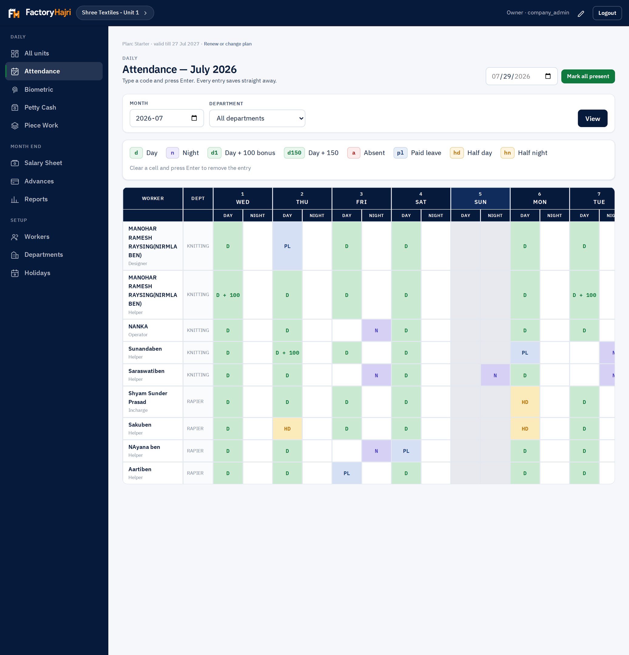 The attendance sheet: every worker down the side, every day across the top, colour-coded hajri codes