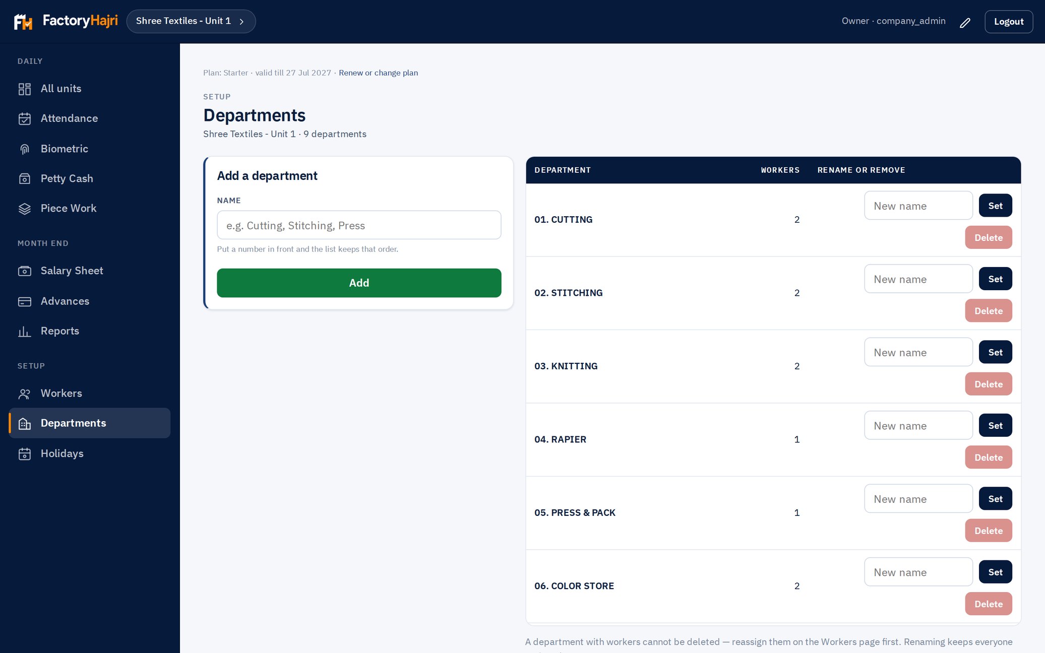 Departments page with worker counts and inline rename